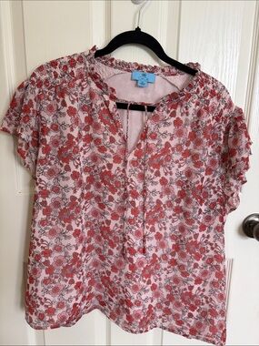CeCe Pink & Red Floral Ruffle-Neck Short Sleeve Blouse